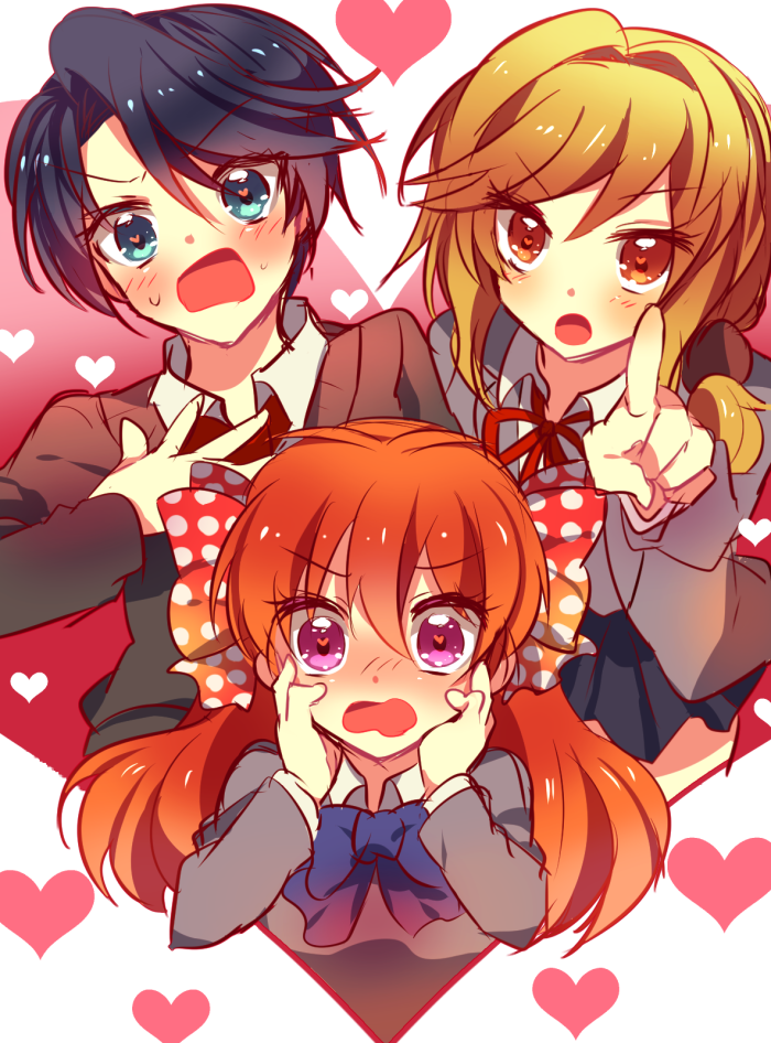3girls, black_hair, blazer, blush, bow, brown_hair, gekkan_shoujo_nozaki-kun, hair_bow