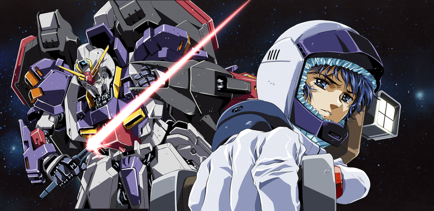 1boy, blue_eyes, blue_hair, energy_sword, gundam, helmet, highres, kamille_bidan, mecha, pilot_suit, platin_(alios), science_fiction, short_hair, solo, space, sword, tears, weapon, zeta_gundam, zeta_gundam_(mobile_suit)