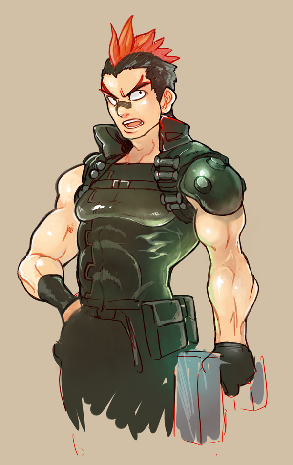 1boy, bandaid, bandaid_on_nose, black_hair, j4hn, kill_la_kill, kinagase_tsumugu, mohawk, multicolored_hair, muscle, redhead, solo, two-tone_hair