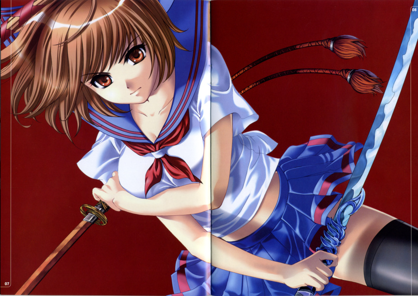 angry, black_legwear, breasts, brown_hair, crease, dual_wielding, dutch_angle, fighting_stance