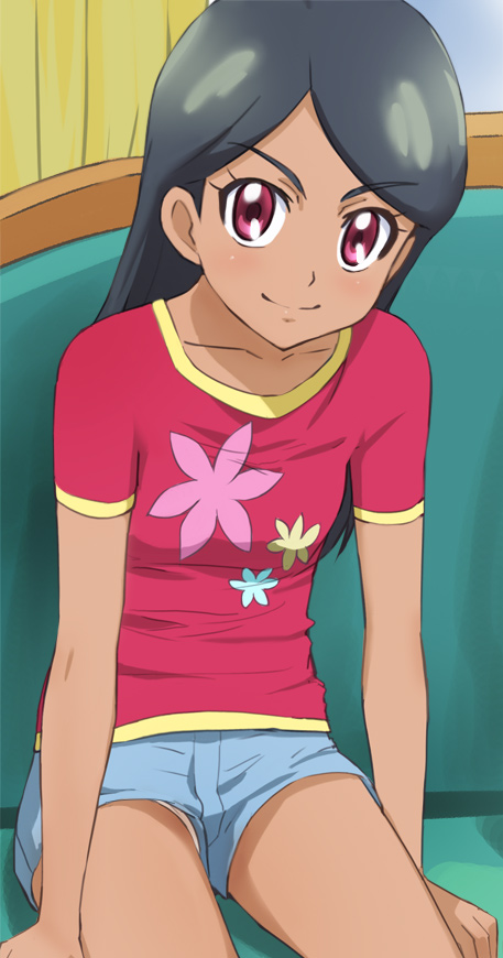 1girl, black_hair, happinesscharge_precure!, haruyama_kazunori, long_hair, looking_at_viewer, ohana_(happinesscharge_precure!), panties, precure, red_eyes, shorts, sitting, smile, solo, underwear