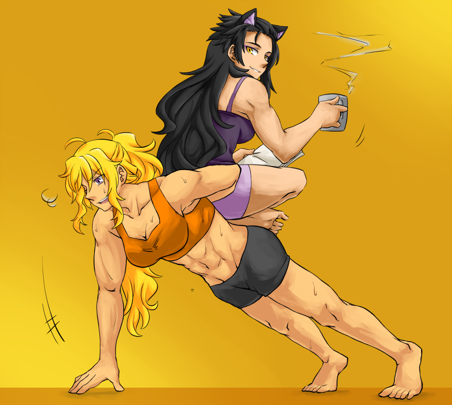 abs, animal_ears, black_hair, blake_belladonna, blonde_hair, breasts, cat_ears, cleavage, cup, dl, extra_ears, looking_back, makeup, mug, muscle, paper, person_on_back, push-ups, rwby, simple_background, sitting, sitting_on_person, smile, sports_bra, steam, tank_top, violet_eyes, yang_xiao_long, yellow_eyes
