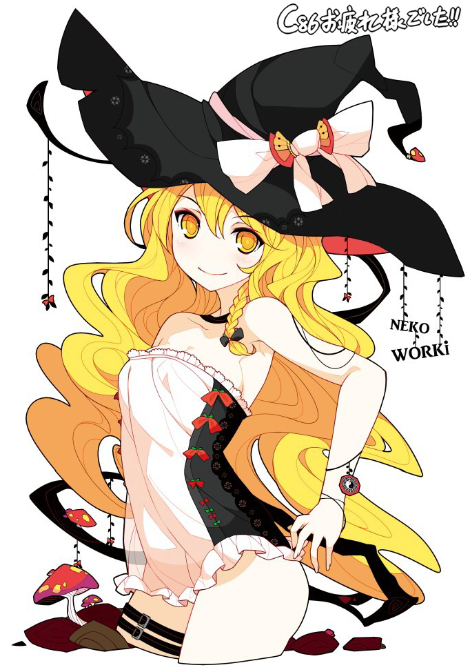 1girl, bare_shoulders, blonde_hair, convention_greeting, dress, hat, ideolo, kirisame_marisa, long_hair, looking_at_viewer, mushroom, smile, solo, strapless_dress, thigh_strap, touhou, white_background, witch_hat, yellow_eyes