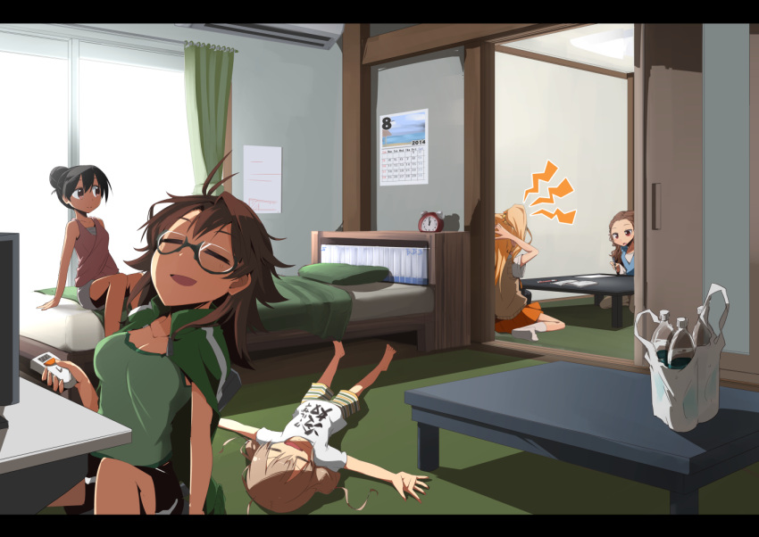 5girls, air_conditioner, araki_hina, black_hair, blonde_hair, blush, brown_eyes, brown_hair