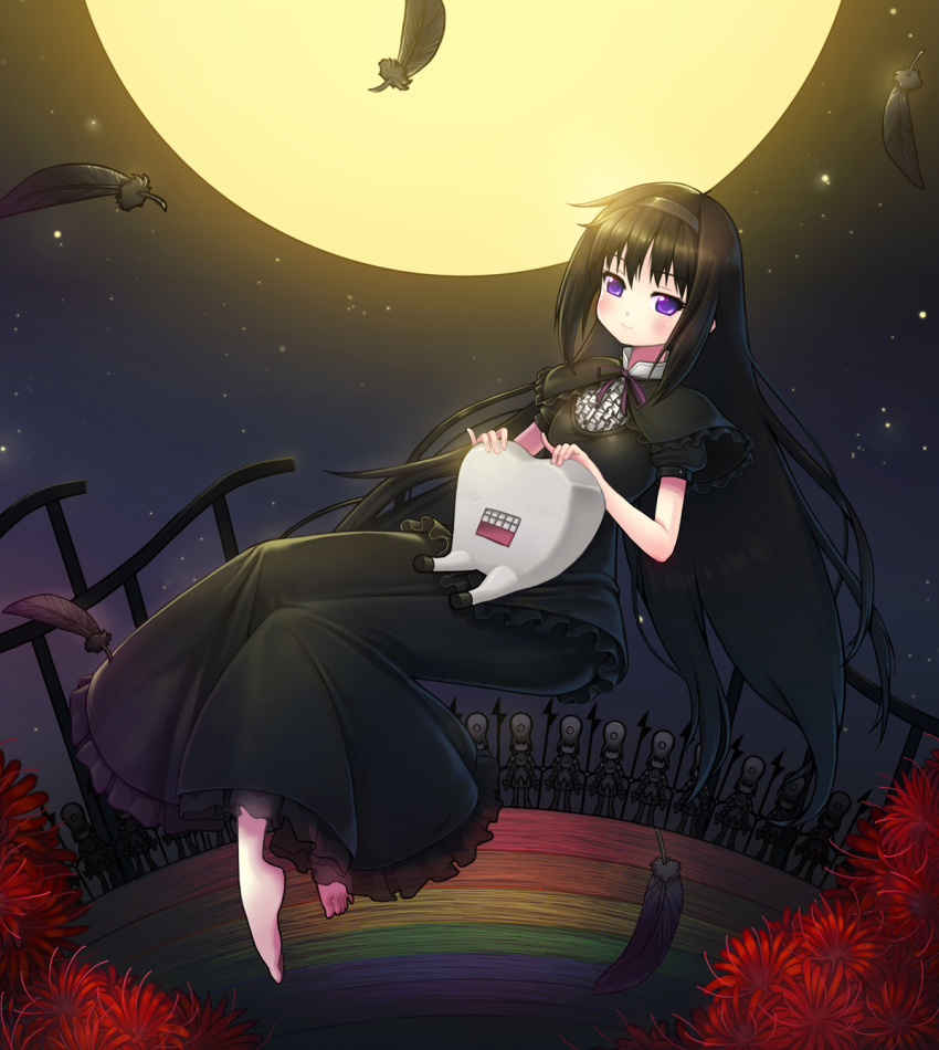 1girl, akemi_homura, barefoot, black_hair, braid, dress, familiar_(madoka_magica), feathers
