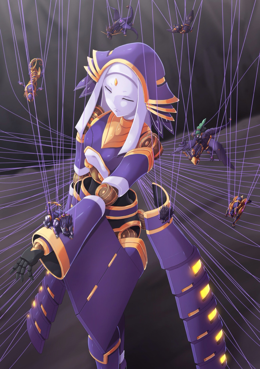 closed_eyes, duel_monster, el_shaddoll_construct, el_shaddoll_winda, highres, puppet, robot, shaddoll_beast, shaddoll_dragon, shaddoll_falco, shaddoll_hedgehog, shaddoll_hound, shaddoll_squamata, string, takayuuki, yuu-gi-ou