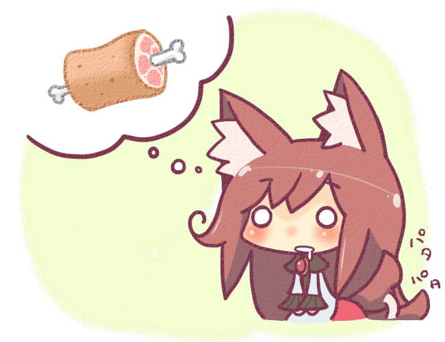 1girl, animal_ears, brown_hair, chibi, dress, drooling, food, homurabi