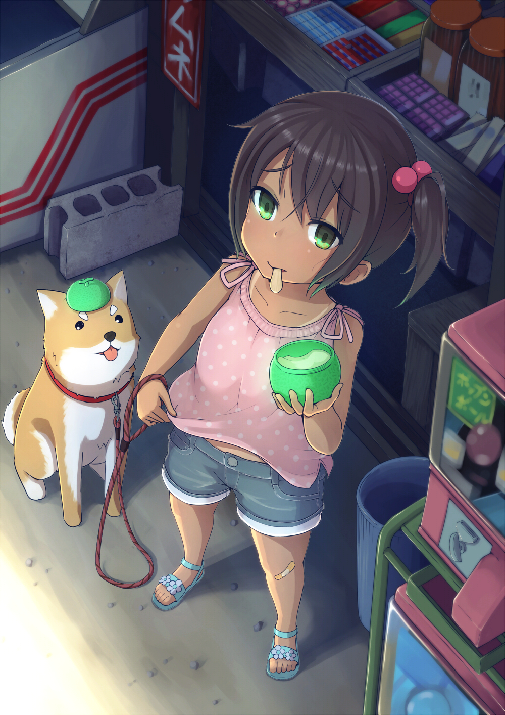 1girl, bandaid, brown_hair, child, dararito, food, green_eyes, hair_bobbles
