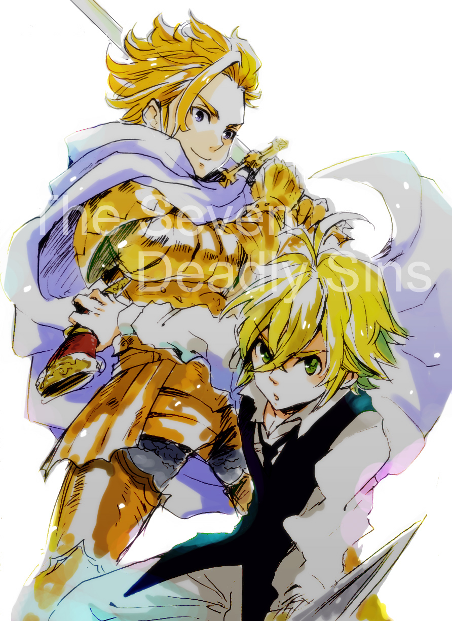 2boys, arthur_pendragon_(nanatsu_no_taizai), ayaco_cc, blonde_hair, blue_eyes, copyright_name, english, green_eyes, highres, meliodas, multiple_boys, nanatsu_no_taizai, short, short_hair, simple_background, spiky_hair, tagme, white_background
