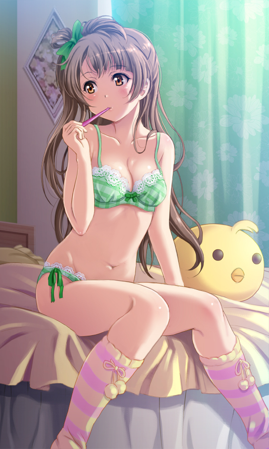1girl, bed, bedroom, blush, bow, bra, breasts, brown_eyes