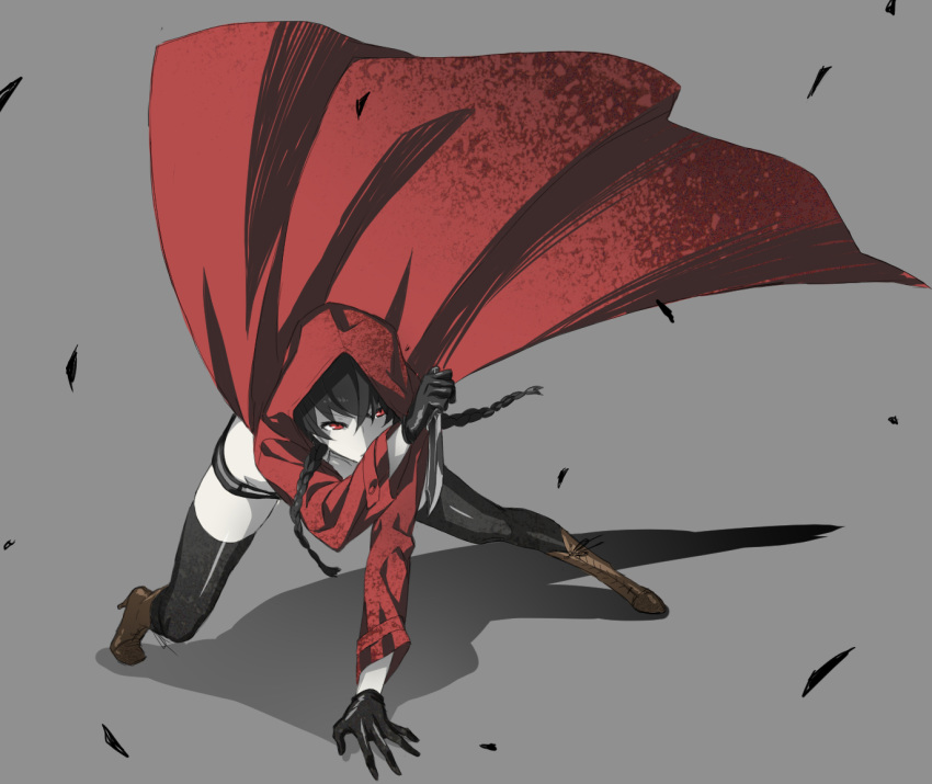 1girl, arisawa_kuro, attack, black_hair, braid, gloves, grey_background, hood