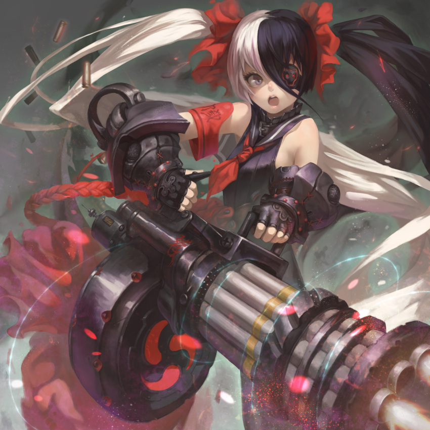 absurdres, bare_shoulders, black_hair, blade_&amp;_soul, blue_eyes, buckle, collar, eyepatch