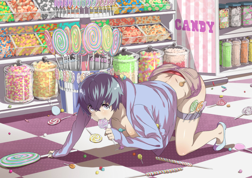 1girl, all_fours, arisawa_kuro, blue_eyes, blue_hair, breasts, candy, candy_store, checkered, checkered_floor, cleavage, highres, hoodie, lollipop, on_floor, original, panties, pantyshot, red_panties, short_hair, short_shorts, shorts, thigh_strap, underwear