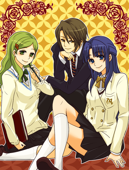 blue_eyes, blue_hair, brown_eyes, brown_hair, cardigan, crossed_legs, eringi_oishii, green_eyes
