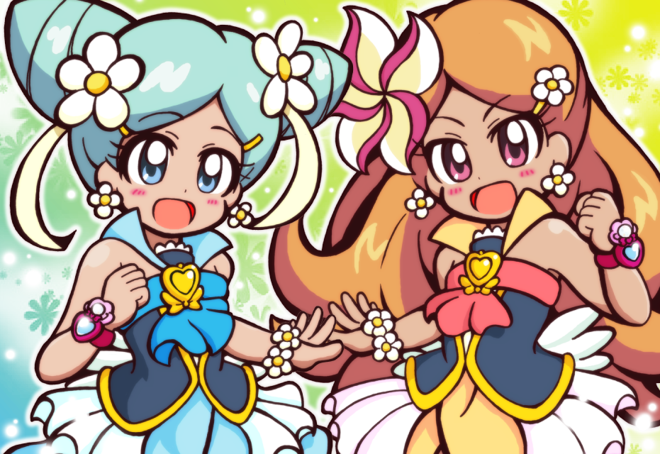 2girls, :d, blue_eyes, blue_hair, blue_skirt, bracelet, brooch, brown_hair