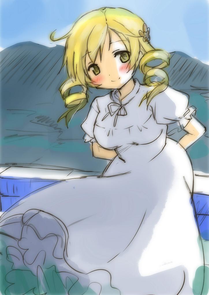 1girl, arms_behind_back, blush, dress, drill_hair, mahou_shoujo_madoka_magica, marnie, marnie_(cosplay)