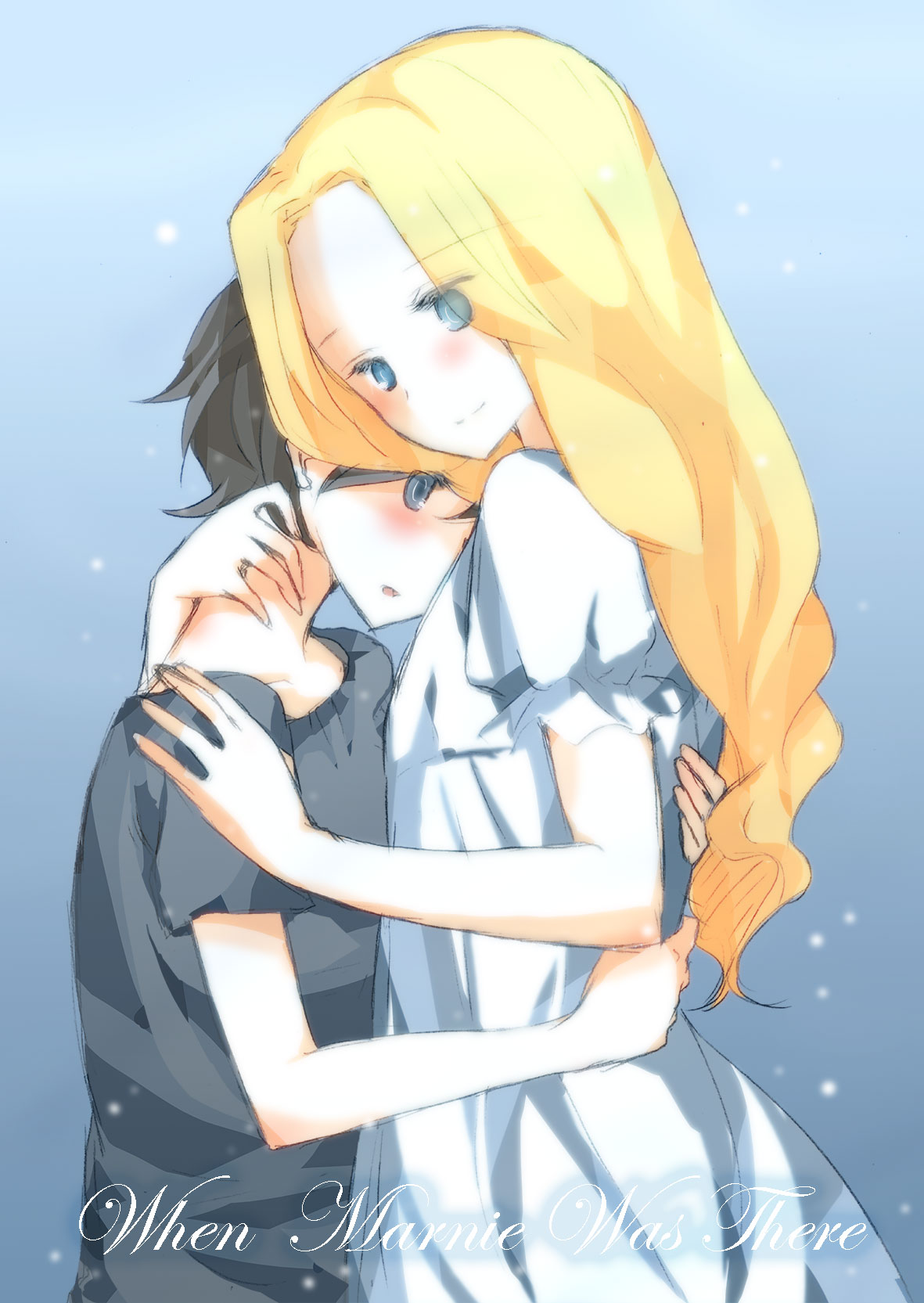 2girls, 66ta1yak1, anna_(omoide_no_marnie), blonde_hair, blue_eyes, blush, brown_hair, copyright_name