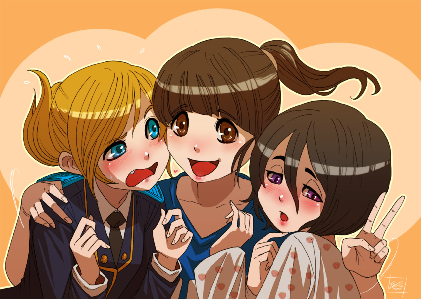 3girls, bangs, black_hair, blonde_hair, blue_eyes, blunt_bangs, brown_eyes, brown_hair, cheek-to-cheek, fang, fauzy_zulvikar_firmansyah, folded_ponytail, hair_between_eyes, hand_on_another's_shoulder, hand_on_hip, katya_lischina, long_hair, military, military_uniform, multiple_girls, natalia_poklonskaya, necktie, open_mouth, pajamas, ponytail, real_life, sabina_altynbekova, short_hair, smile, sportswear, strawberry_print, uniform, v, violet_eyes, volleyball, volleyball_uniform