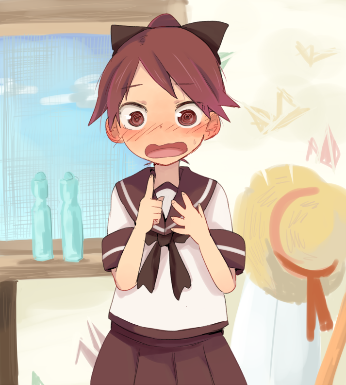 1girl, al_bhed_eyes, blush, brown_eyes, brown_hair, brown_skirt, ear_blush, kantai_collection, looking_at_viewer, makuraha, neckerchief, open_mouth, pleated_skirt, pointing, pointing_at_self, ponytail, sailor_collar, school_uniform, serafuku, shikinami_(kantai_collection), skirt, solo, wavy_mouth