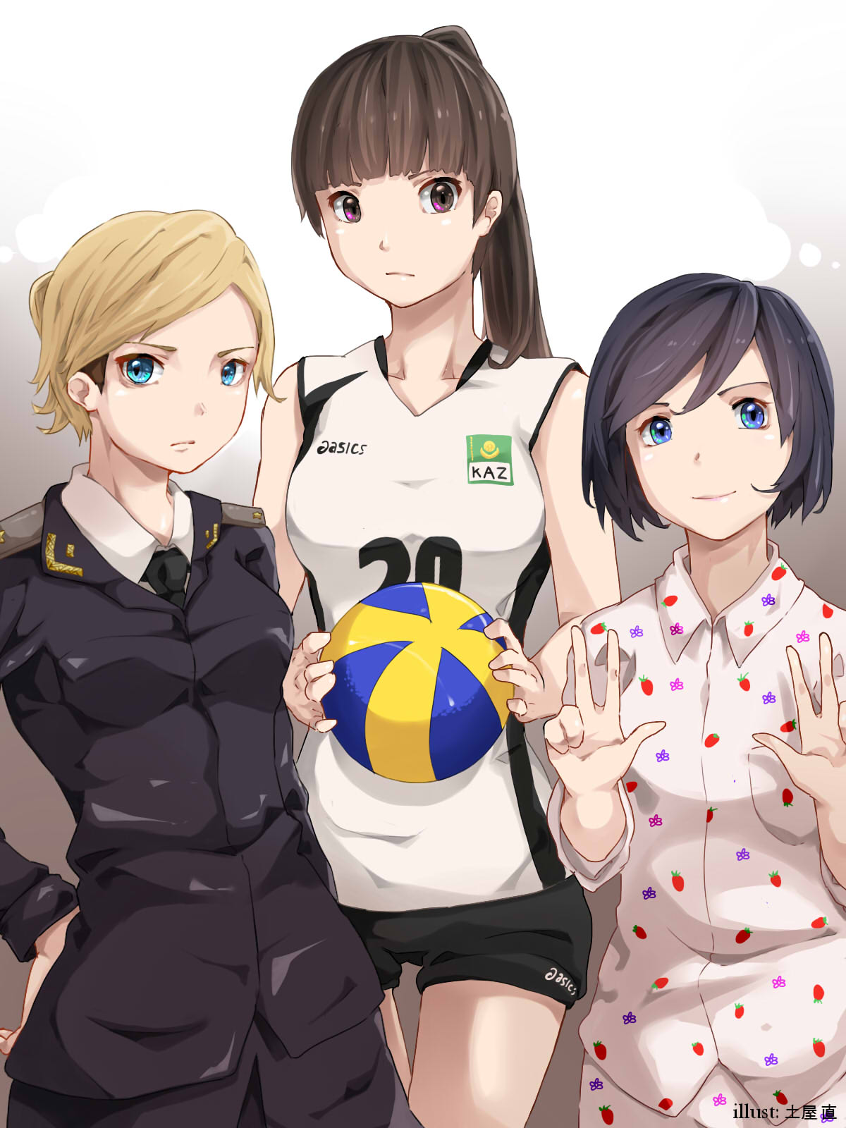 3girls, asics, bangs, black_hair, blonde_hair, blue_eyes, blunt_bangs, hair_between_eyes