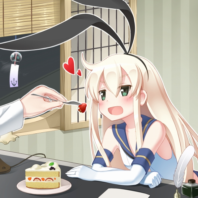 1girl, :d, blonde_hair, cake, elbow_gloves, feeding, food, fork