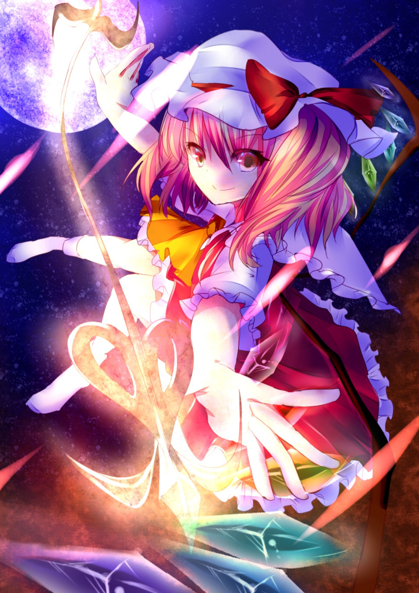 1girl, ascot, blonde_hair, bow, flandre_scarlet, foreshortening, full_moon, glowing, hat, highres, laevatein, moon, night, red_eyes, ribbon, short_hair, side_ponytail, slnc're495, smile, solo, touhou, wings