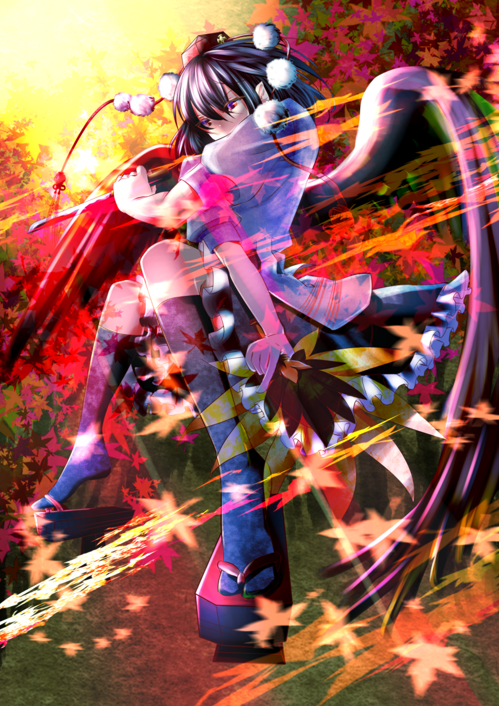 1girl, black_hair, black_wings, geta, hat, highres, knife, leaf, leaf_fan, maple_leaf, pointy_ears, red_eyes, shameimaru_aya, short_hair, skirt, slnc're495, solo, sunset, tokin_hat, touhou, wings