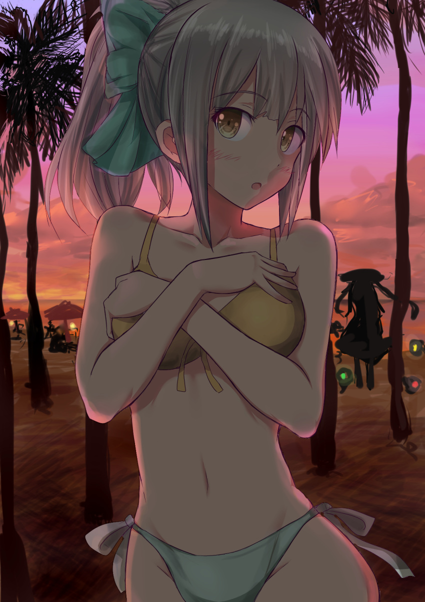 beach, bikini, blush, brown_eyes, covering, covering_breasts, dusk, feesu_(rinc7600)