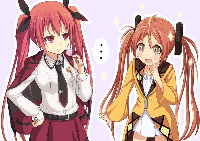 2girls, aihara_enju, black_bullet, brown_eyes, candy, crossover, date_a_live, itsuka_kotori