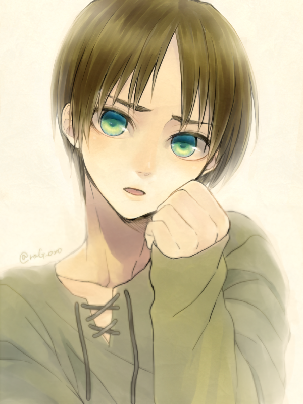 1boy, brown_hair, eren_jaeger, green_eyes, looking_at_viewer, male, open_mouth, raji_(aranmax)