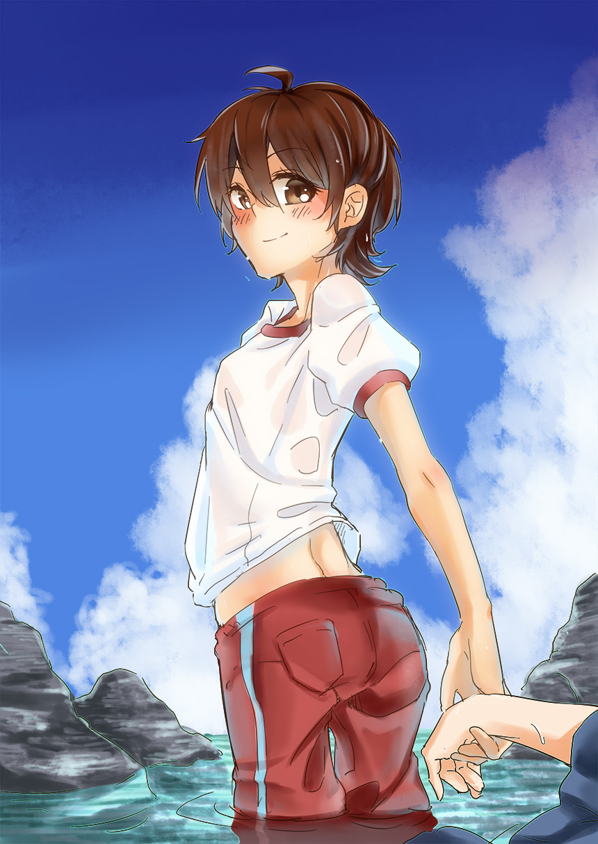 1girl, barakamon, beach, blush, brown_hair, gym_uniform, handa_seishuu, highres
