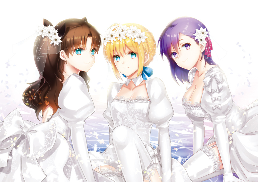 3girls, ahoge, blonde_hair, blue_eyes, breasts, brown_hair, cleavage, dress