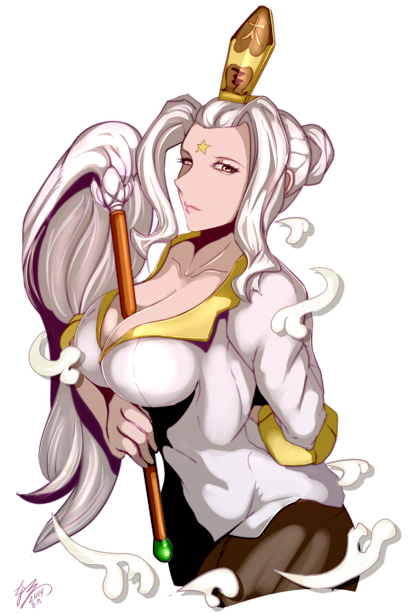 1girl, breasts, dated, impossible_clothes, keikihei, large_breasts, light_smile, long_hair, looking_at_viewer, original, signature, simple_background, solo, star, white_background, white_eyes, white_hair