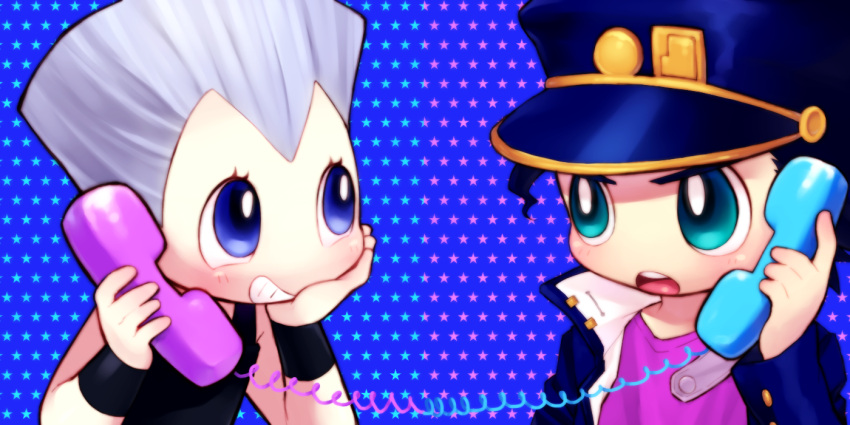 2boys, blue_eyes, chibi, grey_hair, hat, jean_pierre_polnareff, jojo_no_kimyou_na_bouken, kuujou_joutarou