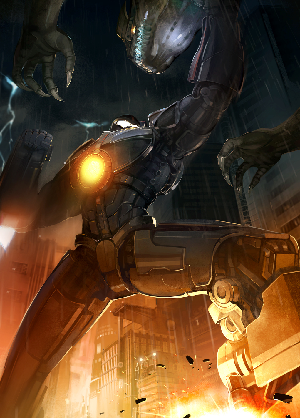 battle, city, donarudo, explosion, gipsy_danger, highres, kaijuu, mecha, night, no_humans, otachi, pacific_rim, rain, robot, science_fiction
