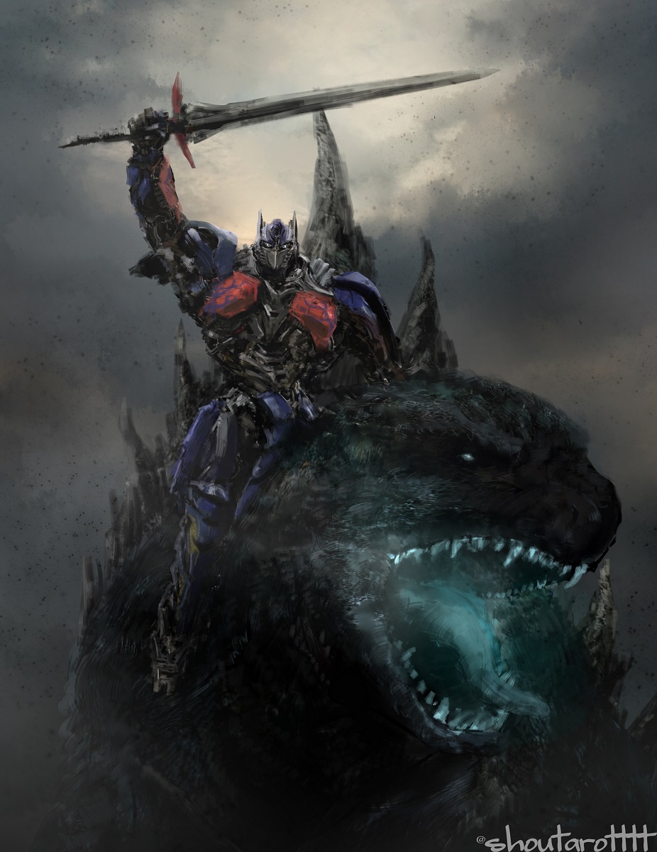 arm_up, autobot, crossover, godzilla, godzilla_(series), highres, kaijuu, mecha, monster, no_humans, open_mouth, optimus_prime, riding, robot, science_fiction, shoutarotttt, sword, transformers, twitter_username, weapon