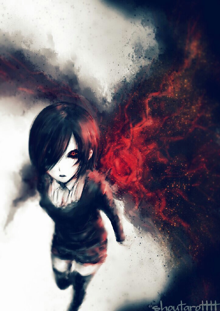 1girl, artist_name, black_hair, black_legwear, black_sclera, kirishima_touka, looking_at_viewer, red_eyes