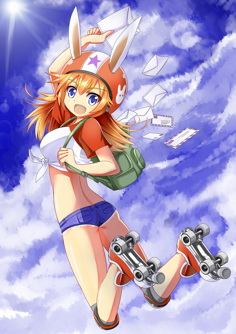 1girl, animal_ears, backpack, bag, blue_eyes, charlotte_e_yeager, denim, denim_shorts