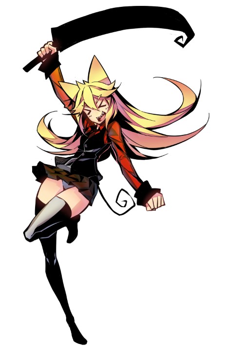 >_<, 1girl, animal_ears, bangs, bare_thighs, black_legwear, black_shirt_cuffs, black_thighhighs, blonde_eyebrows, blonde_hair, boots, cleaver, clenched_hand, closed_eyes, collared_shirt, fangs, holding, jpeg_artifacts, long_hair, moge-ko, mogeko_castle, necktie, ntrsis, open_mouth, outstretched_arms, panties, pantyshot, payot, red_skirt, simple_background, skirt, solo, tail, thigh-highs, thighs, underwear, vest, white_background, white_panties, zettai_ryouiki