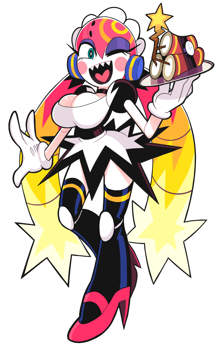 1girl, ;), blush_stickers, boomina, boomina_the_maidroid, breasts, dynamite, eyelashes