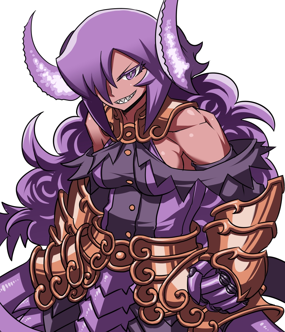 1girl, armor, armored_dress, breasts, curly_hair, demon_girl, elbow_gloves, faulds, gauntlets, gloves, grin, hair_over_one_eye, horns, long_hair, matsuda_yuusuke, muscle, nise_maou_kanizeru, purple_hair, sharp_teeth, sideboob, smile, solo, violet_eyes, yuusha_to_maou