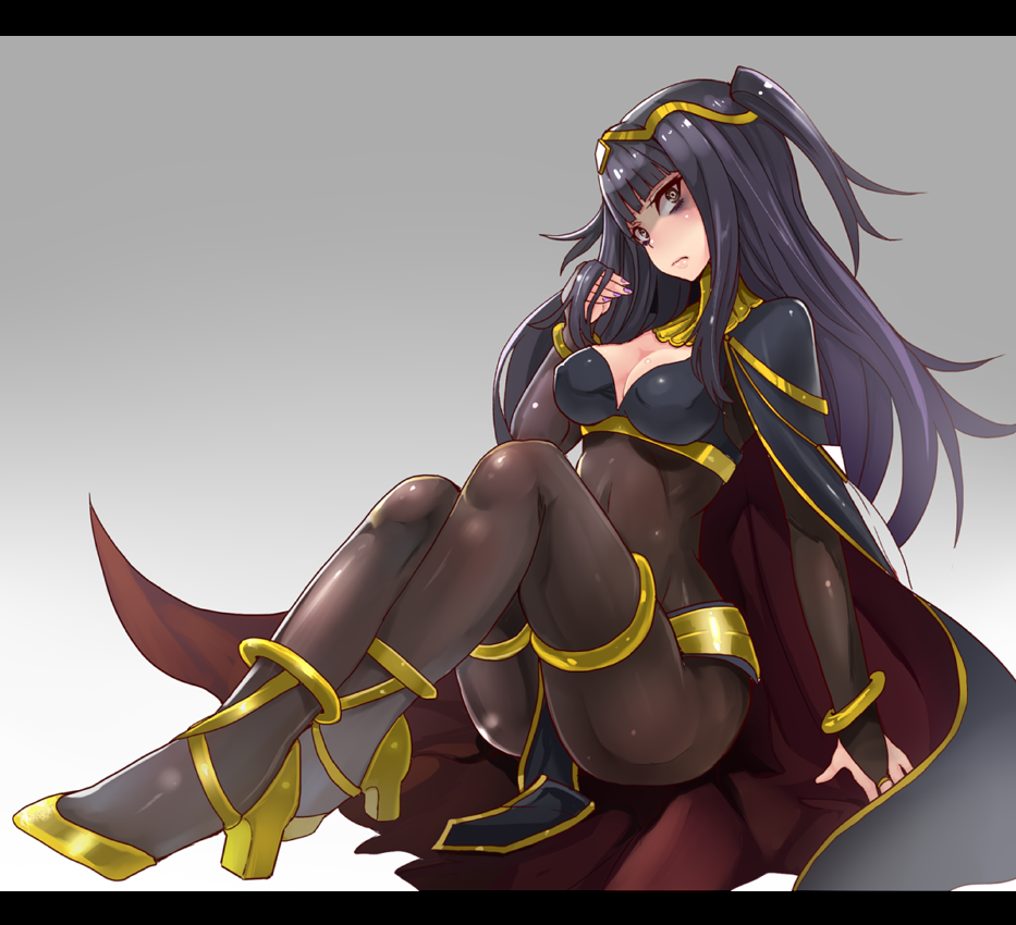 1girl, bags_under_eyes, black_hair, blue_eyes, bodysuit, bracelet, breasts, bridal_gauntlets, cape, cleavage, fire_emblem, fire_emblem:_kakusei, high_heels, jewelry, large_breasts, long_hair, nail_polish, sitting, solo, tharja, tiara, two_side_up, yakan_7