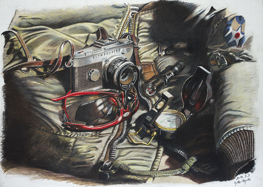 camera, colored_pencil_(medium), compass, dated, flashlight, leather_jacket, no_humans, olympus