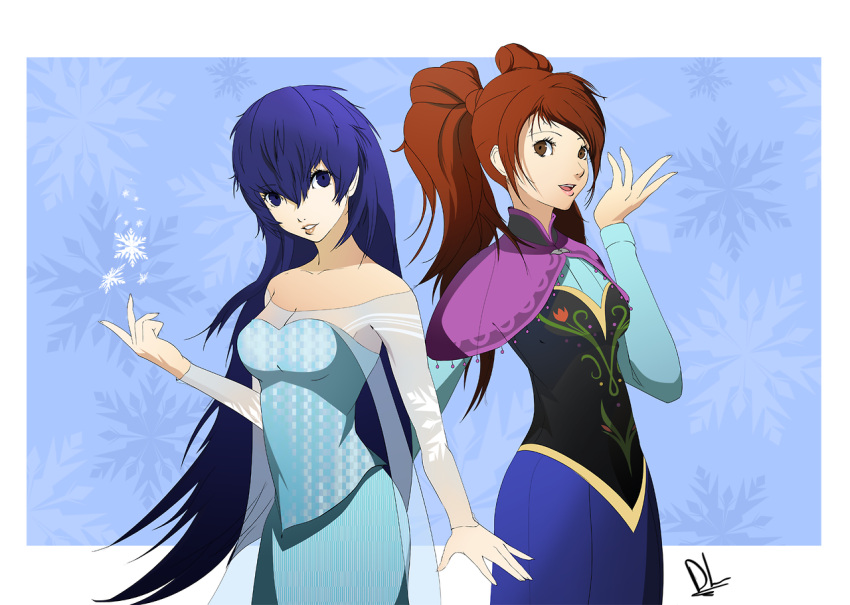 2girls, anna_(frozen), anna_(frozen)_(cosplay), blue_eyes, blue_hair, brown_eyes, brown_hair, commentary