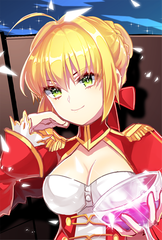 1girl, ahoge, blonde_hair, breasts, cleavage, cleavage_cutout, dress, epaulettes