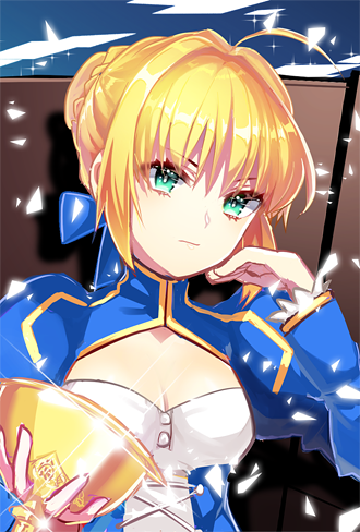 1girl, ahoge, aqua_eyes, blonde_hair, blue_dress, breasts, cleavage, cleavage_cutout