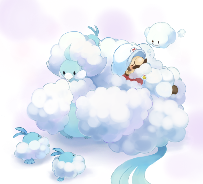 1boy, altaria, closed_eyes, clouds, crossover, facial_hair, hat, konanbo