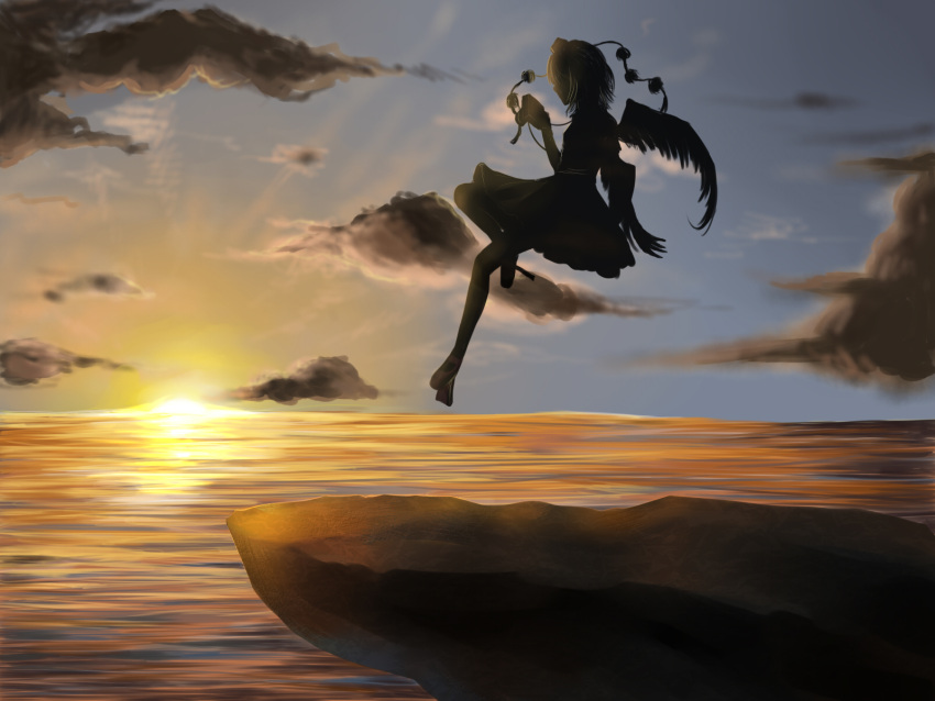 1girl, backlighting, camera, cliff, clouds, dress, flying, geta