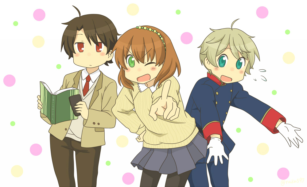 1girl, 2boys, aldnoah.zero, asseylum_vers_allusia, blue_skirt, book, brown_hair, expressionless