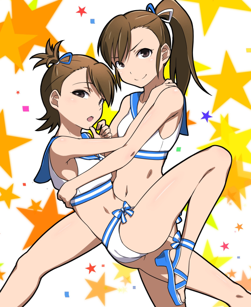 2girls, ass, bare_shoulders, brown_eyes, brown_hair, doya-gao, futami_ami, futami_mami